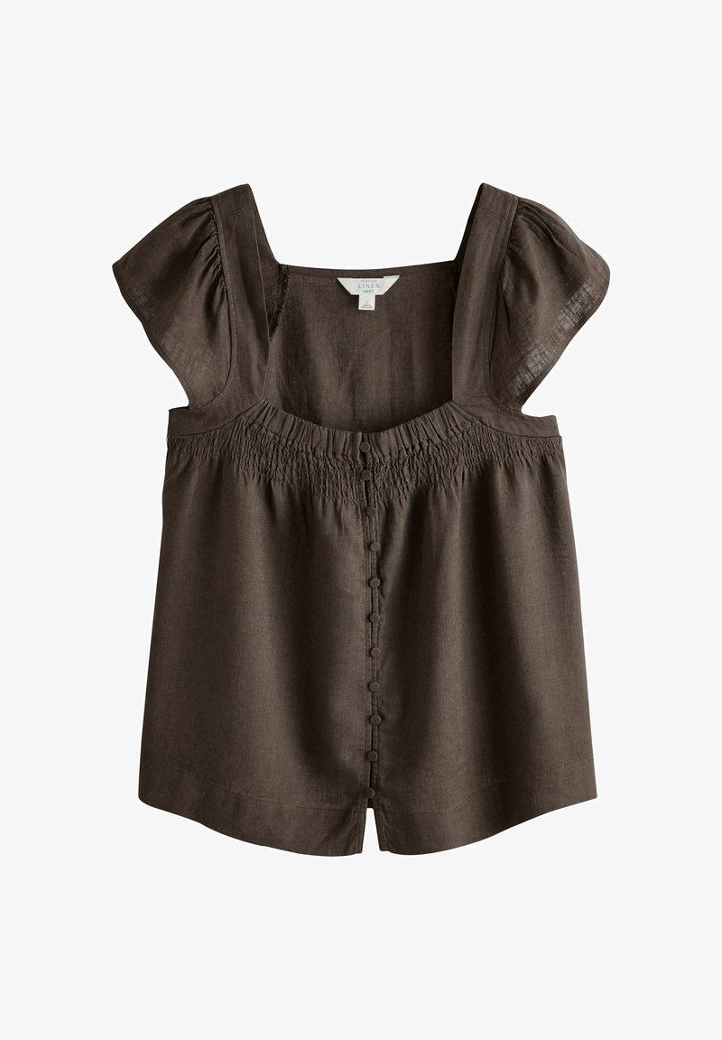 Tumši brūna linu blūze ar uzpūstām piedurknēm, kvadrātveida izgriezumu, savāktu pārsēju un priekšējo pogu aizdari.