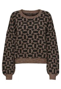 Gestrickter Pullover in Braun und Schwarz mit einem geometrischen Muster aus runden und rechteckigen Formen. Rippstrickbündchen und -saum, lässige Passform.