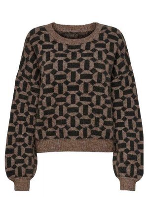 Gestrickter Pullover in Braun und Schwarz mit einem geometrischen Muster aus runden und rechteckigen Formen. Rippstrickbündchen und -saum, lässige Passform.