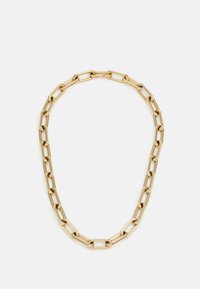 Collana in metallo dorato con maglie rettangolari a finitura lucida, uniformemente distanziate e progettata per un aspetto elegante.