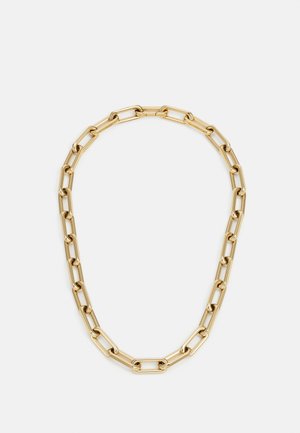 Collana in metallo dorato con maglie rettangolari a finitura lucida, uniformemente distanziate e progettata per un aspetto elegante.