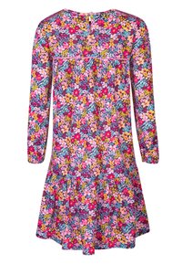 Blommig klänning med långa ärmar, som har ett livligt mönster i rosa och blått, en rynkad midja och en volangnedre kant. Knäppning bak.