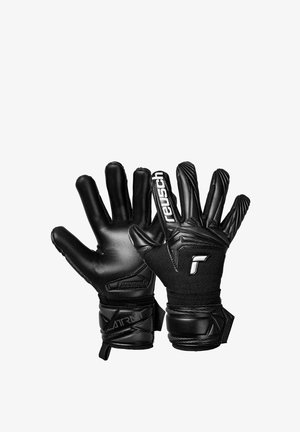 Gants de gardien de but noirs avec doigts en latex texturé et soutien rembourré au poignet. Comprend un logo et une sangle réglable au poignet.
