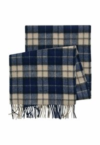 Écharpe en laine à carreaux bleu et beige avec des franges, pliée soigneusement.