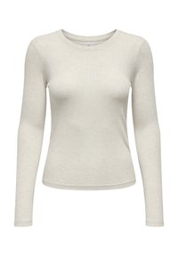 Top de manga larga color beige claro con cuello redondo y diseño ajustado, con textura suave en toda la tela.