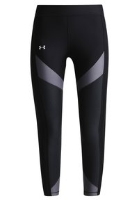 Leggings atletici neri con pannelli grigi, design aderente, materiale sintetico elasticizzato e cuciture piatte per comfort e rinforzo.