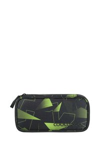 Federmäppchen aus strapazierfähigem Stoff mit schwarzem Grund und grünen geometrischen Mustern. Verfügt über einen Reißverschluss und ein Logo auf der Vorderseite.