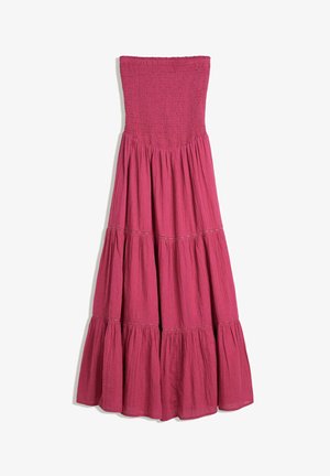 Strapless maxi-jurk in diep roze, met een gerimpelde buste en een gelaagde, gerimpelde rok van een lichte, textuurstof.
