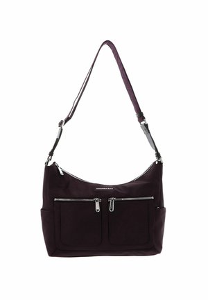 Sac à bandoulière violet foncé avec deux poches avant zippées, poches latérales et une sangle réglable.