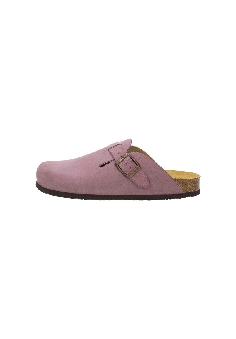 Pink suede clogs featuring an adjustable buckle strap, rounded toe, and a cork footbed. The sole is dark and slightly textured.