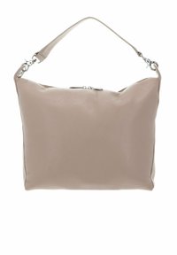 Sac à bandoulière en cuir beige clair avec une finition texturée, doté d'une sangle unique et de ferrures argentées. Fermeture éclair sur le dessus.