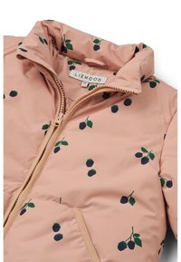 Pink padded jacket with black berry patterns, green leaves, and a beige zipper. Features a high collar and side pockets. Label visible inside.