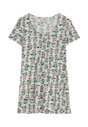 Cămașă albă cu mâneci scurte, decolteu rotund și model floral verde cu frunze, având flori mici roz și portocalii.