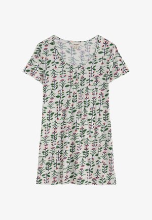 Cămașă albă cu mâneci scurte, decolteu rotund și model floral verde cu frunze, având flori mici roz și portocalii.