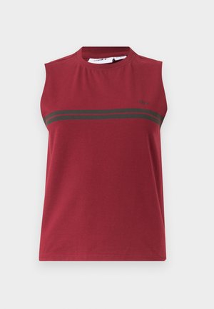 Sleeveless maroon sports tank top with two horizontal black stripes across the chest and small black logo on the left side.