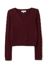 Bordeauxfarbener, verkürzter Pullover mit V-Ausschnitt, der mit einem Zopfmuster und gerippten Bündchen sowie Saum für zusätzlichen Detailreichtum gestaltet ist. Aus weichem Strickmaterial.