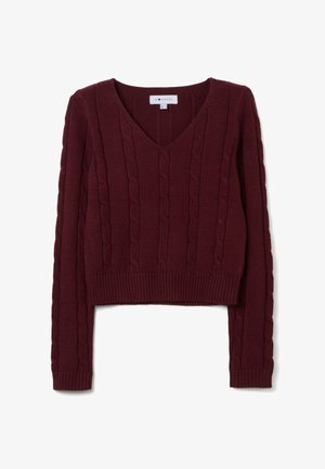Bordeauxfarbener, verkürzter Pullover mit V-Ausschnitt, der mit einem Zopfmuster und gerippten Bündchen sowie Saum für zusätzlichen Detailreichtum gestaltet ist. Aus weichem Strickmaterial.
