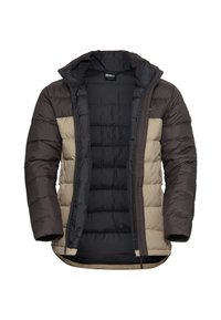 Veste en duvet avec un design en blocs de couleurs noir et beige. Elle dispose d'une fermeture éclair, d'une capuche et d'une texture matelassée sur l'ensemble.