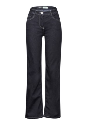 Jean en denim bleu marine à jambes larges avec une fermeture à bouton et à glissière, présentant des coutures contrastées et cinq poches.