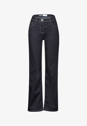 Mørkeblå denim bukser med brede ben, lukning med knap og lynlås, med kontrasterende syninger og fem lommer.