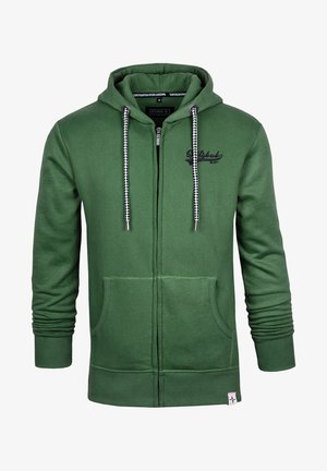 Sudadera verde con capucha y cremallera, cordones negros y blancos, bolsillos delanteros, puños acanalados y un pequeño logo negro en el pecho.