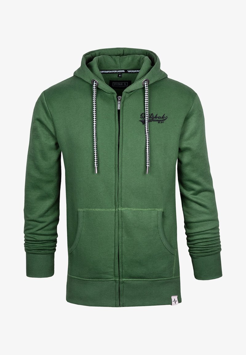 Sweat à capuche zippé vert avec cordons noirs et blancs, poches avant, poignets côtelés et petit logo noir sur la poitrine.