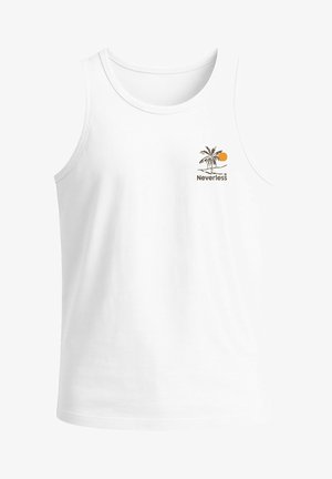 White tank top made of cotton. Features a small palm tree and sun graphic with brown and orange accents on the left chest.