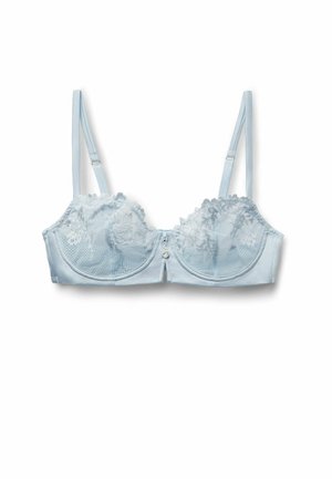 Jasnoniebieski koronkowy biustonosz z fiszbinami, z regulowanymi ramiączkami i małym ozdobnym zawieszkiem na środku z przodu.