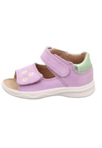 Toddler’s light purple sandal with two adjustable straps, embroidered white daisies on front strap, and metallic green heel patch.