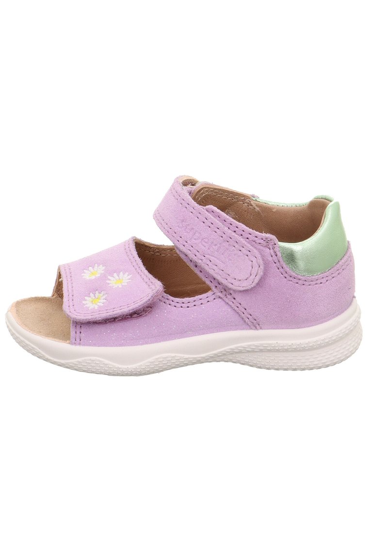 Toddler’s light purple sandal with two adjustable straps, embroidered white daisies on front strap, and metallic green heel patch.