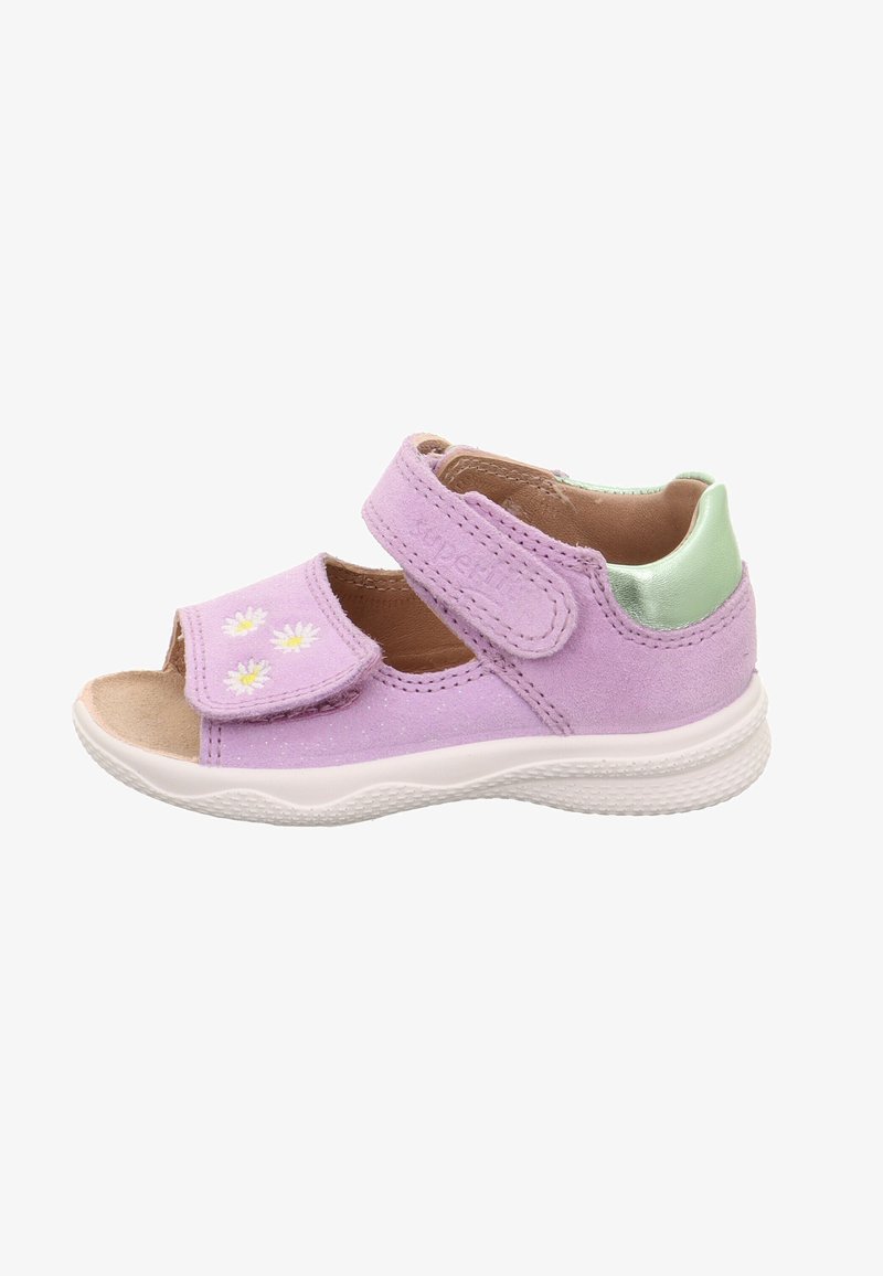Toddler’s light purple sandal with two adjustable straps, embroidered white daisies on front strap, and metallic green heel patch.