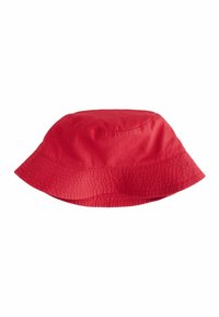 Rød bomulds-bucket hat med en bred, nedadg�ående skygge og en tekstureret stofoverflade. Designet er enkelt og uden dekoration.