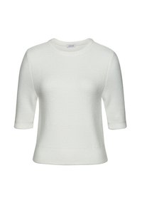 Weißer kurzärmeliger Pullover aus strukturiertem Strick. Verfügt über einen runden Halsausschnitt und eine lässige Passform mit gerippten Abschlüssen an den Ärmeln und dem Saum.