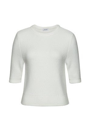White short-sleeve sweater in a textured knit. Features a round neckline and a relaxed fit with ribbed edges at sleeves and hem.