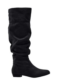 Botte en suède noir à tige haute, avec un talon bloc bas et un bout arrondi pointu, vue de l'extérieur.