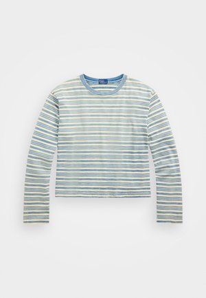 Chemise à manches longues rayée avec des rayures horizontales bleu clair et crème, encolure ronde et texture en jersey de coton doux.