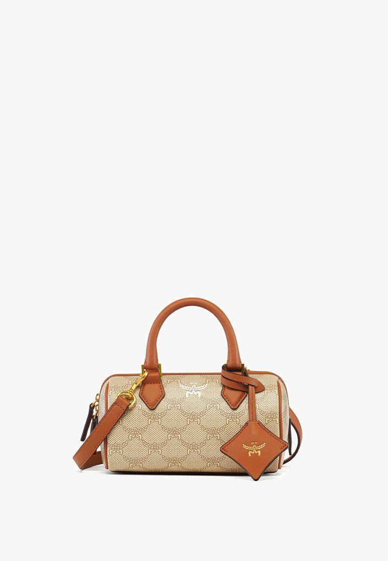 Strukturerad väska i beige duk med logotypmönster, accentuerad av bruna läderhandtag och en avtagbar tag. Guld detaljer.