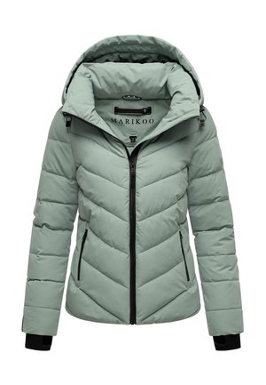 Veste d'hiver matelassée vert clair avec capuche, fermeture éclair noire et poches, ainsi que des poignets intérieurs noirs, taille petite.