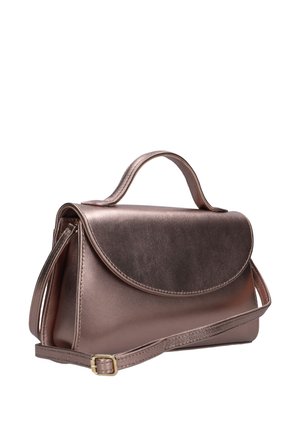 Kleine metalen bruine handtas met een gebogen klep, bovenhandvat en verstelbare schouderriem met een goudkleurige gesp.