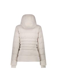 Gepofte parka in lichtbeige met een capuchon, voorzien van horizontale stiksels, elastische manchetten en een gladde textuur.