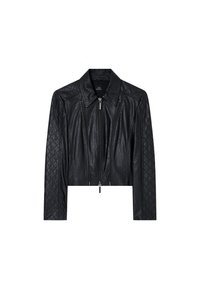 Giubbotto corto in pelle nera con motivo trapuntato sulle maniche lunghe, dotato di una chiusura frontale con zip e colletto a punta. Texture liscia in tutto il capo.