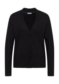 Cardigan nero con scollo a V, texture a coste e chiusura con cinque bottoni. Presenta maniche lunghe e un design semplice senza fantasie.