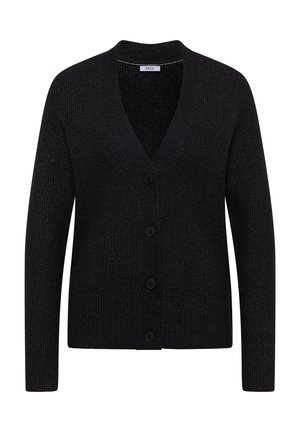 Zwarte cardigan met een V-hals, geribbeld textuur en vijf knoopsluitingen. Beschikt over lange mouwen en heeft een eenvoudig ontwerp zonder patronen.