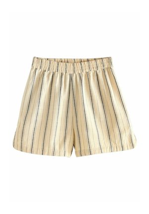 Shorts a righe con una cintura elastica, realizzati in un tessuto leggero. I colori includono una base crema con sottili righe verticali blu navy.