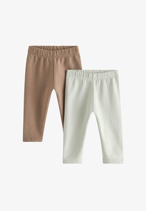 To par ensfarvede leggings til småbørn med elastik i taljen, én beige og én lysegrå, vist side om side på en hvid baggrund.