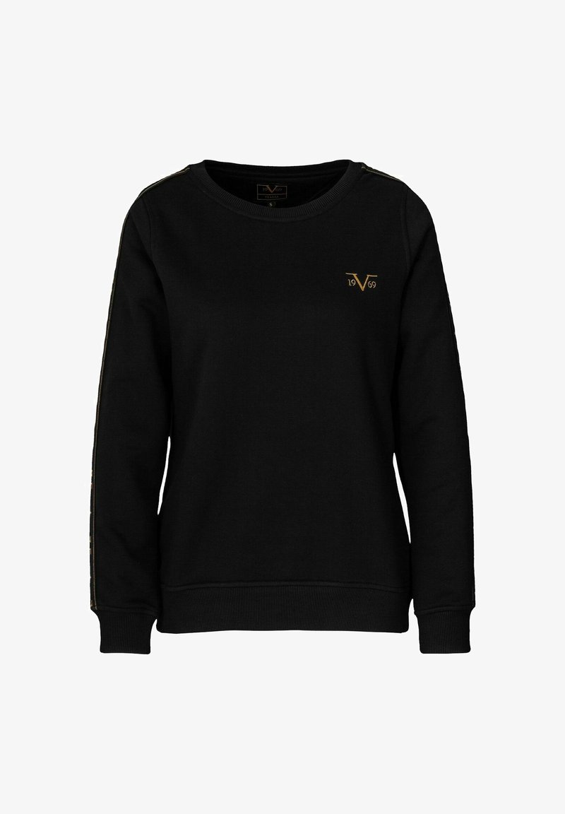 Černá mikina s dlouhými rukávy, kulatým výstřihem, zlatým logem na hrudi a zlatými pruhy po stranách. Vyrobená z měkké, strukturované látky.