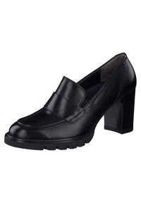 Black leather high-heeled loafers with a smooth finish, a wide strap across the vamp, and textured rubber outsole for grip. Square toe design.