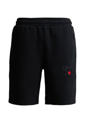 Sorte afslappede shorts med elastisk talje, lynlåslommer i siderne og et "ZAVETTI Canada"-logo med et rødt ahornblad.