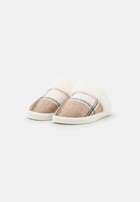 Brown plaid slippers with cream faux fur lining, rounded toe, white rubber sole, and stitched detailing along the edges.