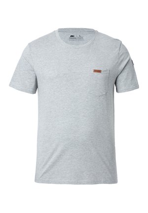 Graues Kurzarm-T-Shirt aus leichtem Baumwollstoff. Verfügt über eine kleine Brusttasche auf der linken Seite mit einem kleinen Lederlabel und einem Rundhalsausschnitt.